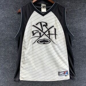 SRH Jersey Mens Large White Black Pinstripe Mesh Embroidered Logo Sleeveless